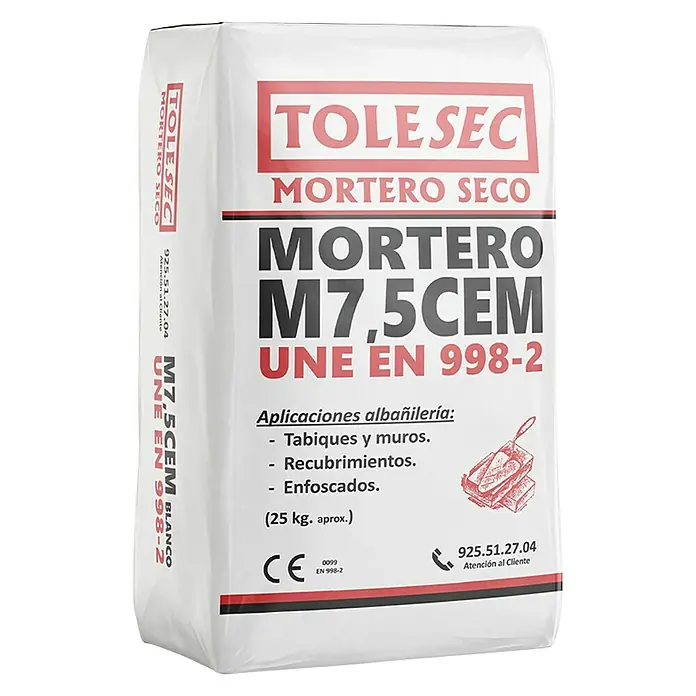 BHS Madrid Mortero de cemento Tolesec M-7,5 - 25 kg, Blanco - Vista frontal
