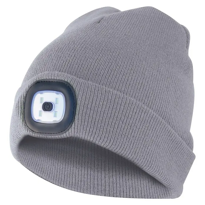 Velamp LED-Mütze - Hellgrau, USB-Ladebuchse - Diagonale Ansicht