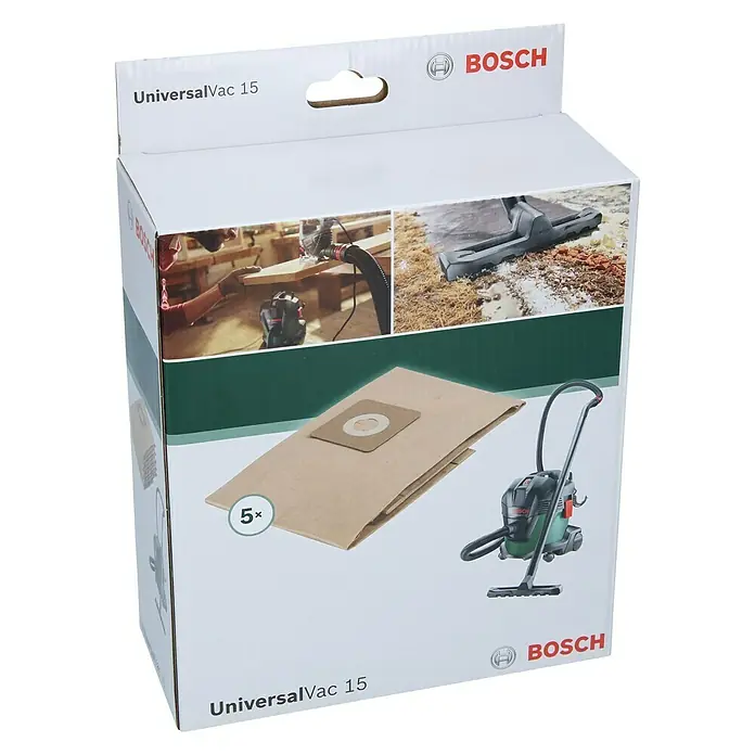 Bosch Papierfiltertüten - 5 Stk., Passend für: Bosch Nass-Trockensauger UniversalVac 15 - Diagonale Ansicht