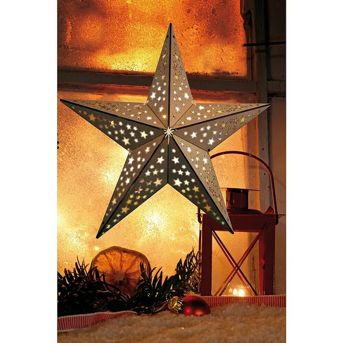 Estrella navideña LED - 20 luces, Madera, Diámetro: 60 cm, Marrón, Blanco cálido - Foto ambiente