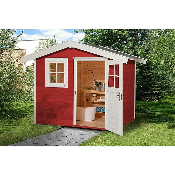 Weka Gartenhaus 123 - B x T: 306 x 274 cm, Holz, 5,663 m², Wandstärke: 28 mm, Schwedenrot/Weiß - Stimmungsaufnahme