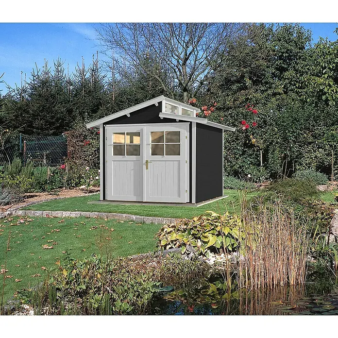 Weka Gartenhaus 226 - B x T: 327 x 321 cm, Holz, 8,82 m², Wandstärke: 21 mm, Anthrazit/Weiß - Stimmungsaufnahme