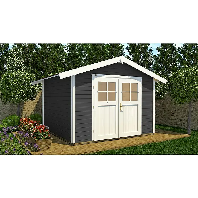 Weka Gartenhaus 122 - Holz, 8,88 m², Wandstärke: 28 mm, Anthrazit/Weiß - Stimmungsaufnahme