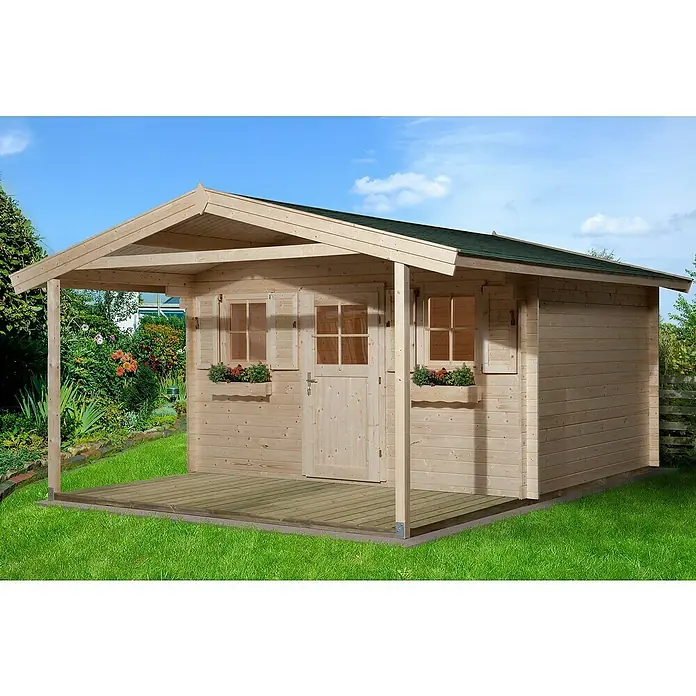 Weka Gartenhaus 110 - B x T: 460 x 594 cm, Holz, Wandstärke: 28 mm, Mit Vordach (200 cm) - Stimmungsaufnahme