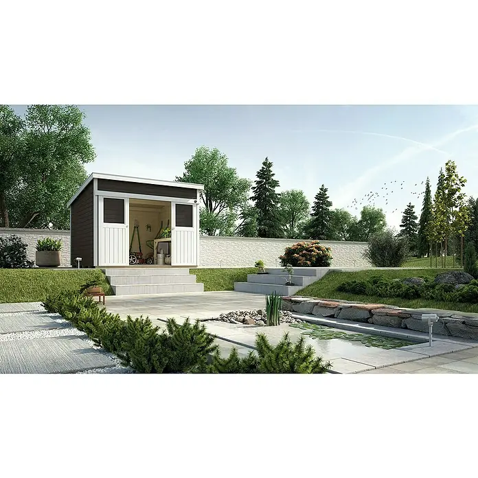 Weka Gartenhaus 225 - B x T: 315 x 249 cm, Holz, 6,343 m², Wandstärke: 21 mm, Anthrazit/Weiß - Stimmungsaufnahme