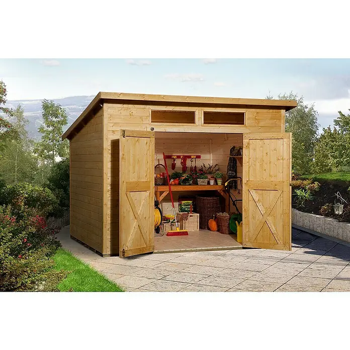 Weka Gerätehaus 325 A - 4,95 m², Wandstärke: 19 mm, Lasiert - Stimmungsaufnahme