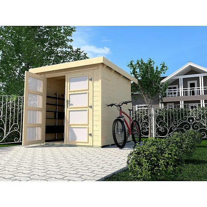 Weka Gartenhaus 321 - Holz, 5,801 m², Wandstärke: 19 mm, 1 Panorama-Doppeltür mit Milchglaselementen - Stimmungsaufnahme