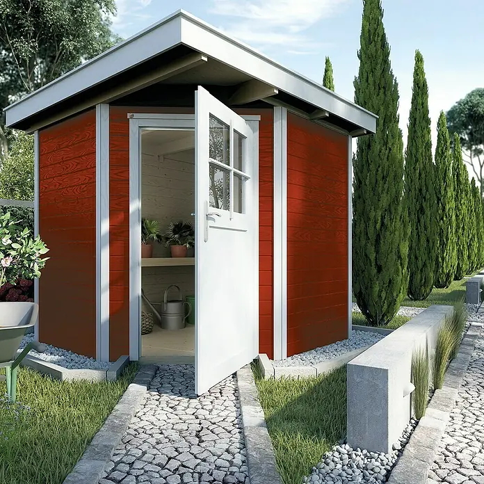 Weka Gartenhaus 229 - B x T: 244 x 244 cm, Holz, 4,285 m², Wandstärke: 21 mm, Schwedenrot/Weiß - Stimmungsaufnahme