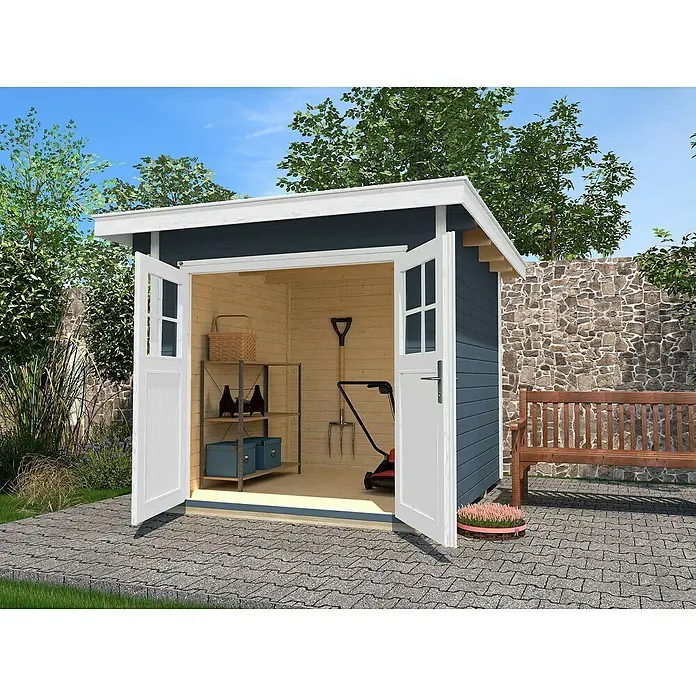 Weka Gartenhaus 179 - B x T: 356 x 375 cm, Holz, 8,88 m², Wandstärke: 28 mm, Grau/Weiß - Stimmungsaufnahme