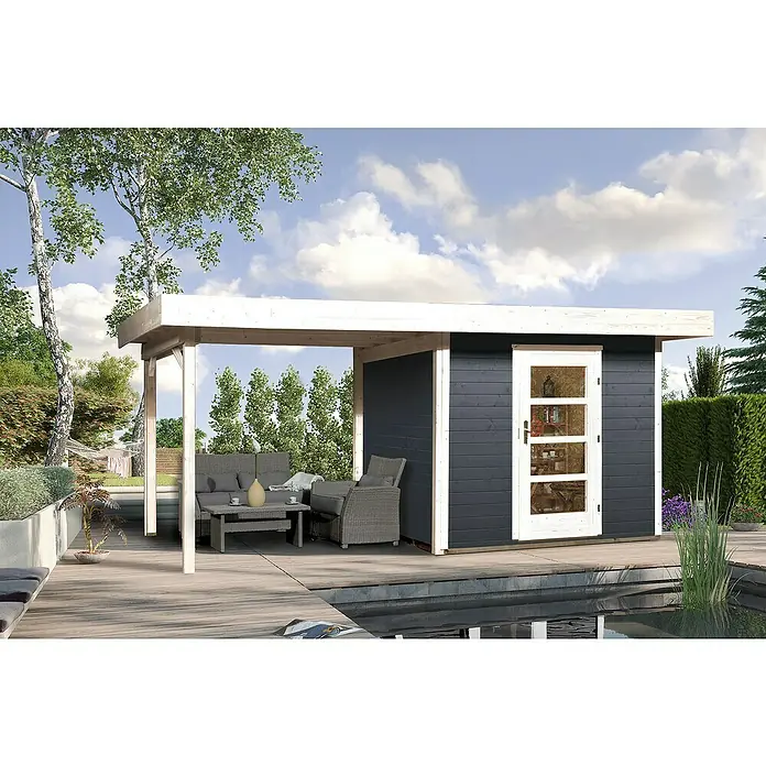 Weka Gartenhaus Designhaus 172 B + Anbau 300 cm - B x T: 575 x 314 cm, Holz, Wandstärke: 28 mm, Anthrazit/Weiß - Stimmungsaufnahme