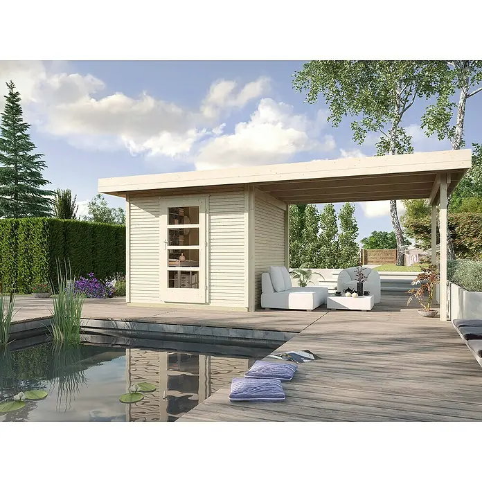 Weka wekaLine Gartenhaus Designhaus 172 + Anbau 300 cm - B x T: 634 x 377 cm, Holz, Wandstärke: 28 mm, Natur - Stimmungsaufnahme