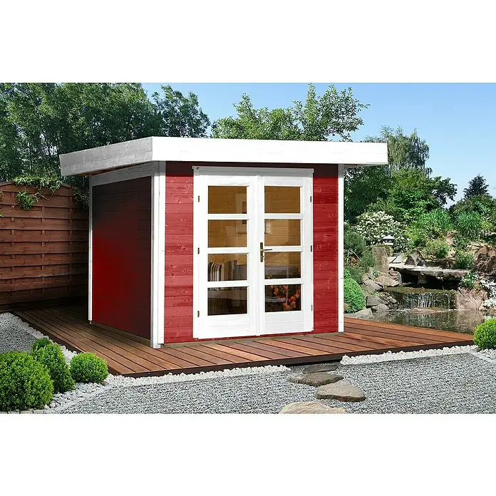 Weka Gartenhaus Designhaus 126+ - B x T: 356 x 377 cm, Holz, 8,88 m², Wandstärke: 28 mm, Schwedenrot/Weiß - Stimmungsaufnahme