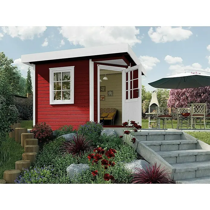 Weka Gartenhaus Designhaus 213+ - B x T: 338 x 338 cm, Holz, 8,88 m², Wandstärke: 28 mm, Schwedenrot/Weiß - Stimmungsaufnahme