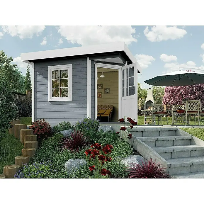 Weka Gartenhaus Designhaus 213+ - B x T: 338 x 338 cm, Holz, 8,88 m², Wandstärke: 28 mm, Grau/Weiß - Stimmungsaufnahme