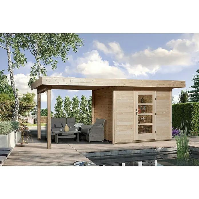 Weka Gartenhaus Designhaus 172 B + Anbau 300 cm - B x T: 575 x 375 cm, Holz, Wandstärke: 28 mm, Natur - Stimmungsaufnahme