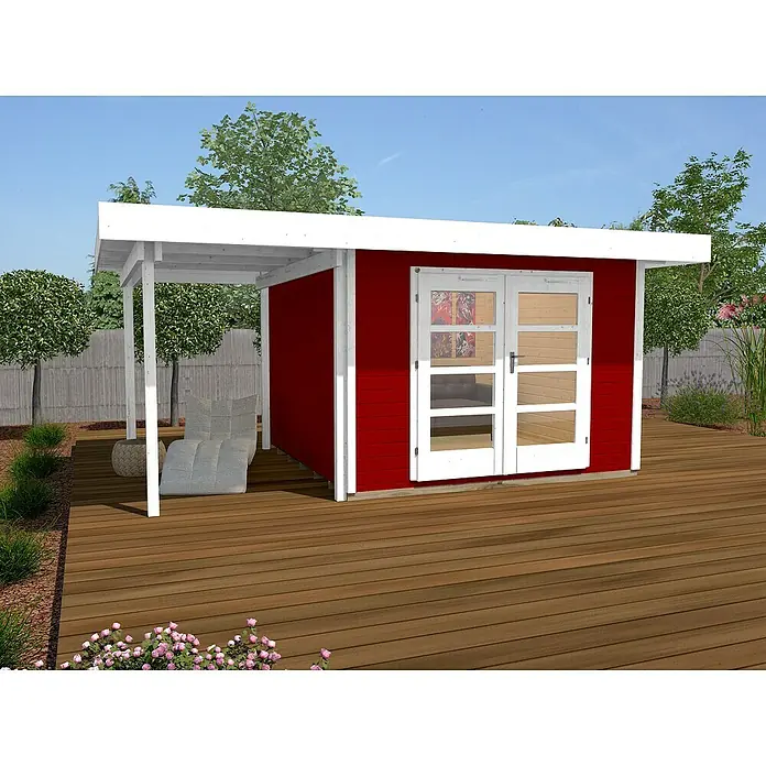 Weka Gartenhaus Designhaus 126 A+ - B x T: 500 x 377 cm, Holz, 13,304 m², Wandstärke: 28 mm, Schwedenrot/Weiß - Stimmungsaufnahme