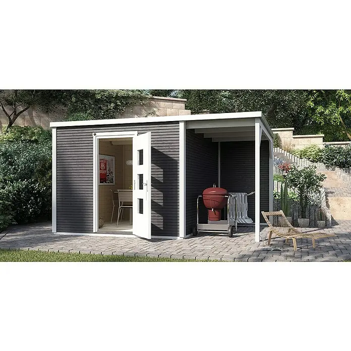Weka wekaLine Gartenhaus Designhaus 413 + Anbau 150 cm - B x T: 460 x 310 cm, Holz, Wandstärke: 45 mm, Anthrazit/Weiß - Stimmungsaufnahme