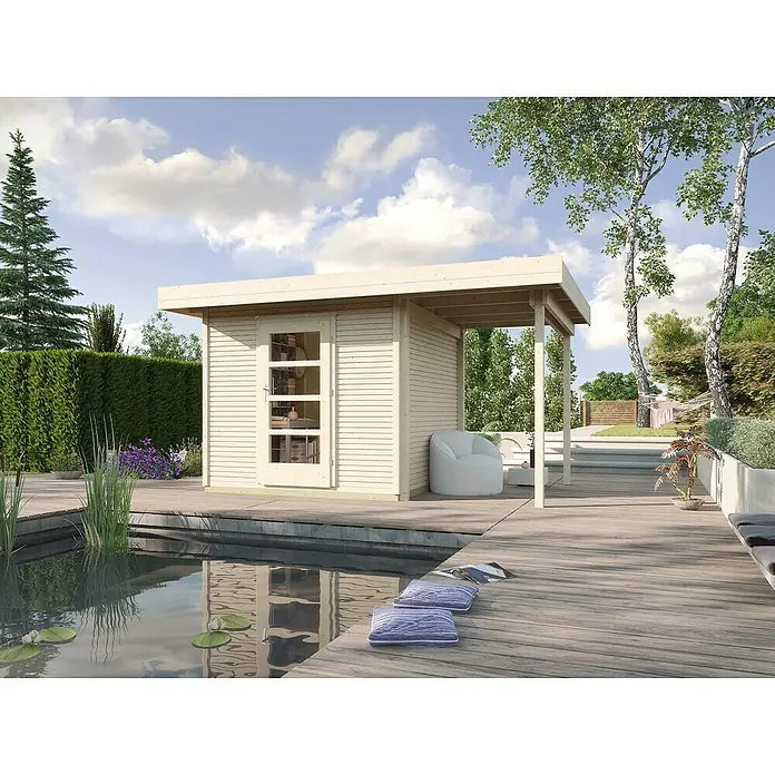 Weka wekaLine Gartenhaus  Designhaus 172 + Anbau 150 cm - B x T: 424 x 316 cm, Holz, Wandstärke: 28 mm, Natur - Stimmungsaufnahme