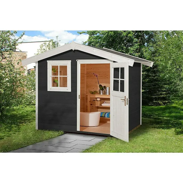 Weka Gartenhaus 123 - B x T: 380 x 324 cm, Holz, 8,88 m², Wandstärke: 28 mm, Anthrazit/Weiß - Stimmungsaufnahme
