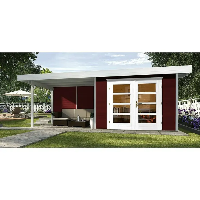 Weka Gartenhaus Designhaus 126 B + Anbau 300 cm - B x T: 645 x 377 cm, Holz, 17,759 m², Wandstärke: 28 mm, Natur - Stimmungsaufnahme