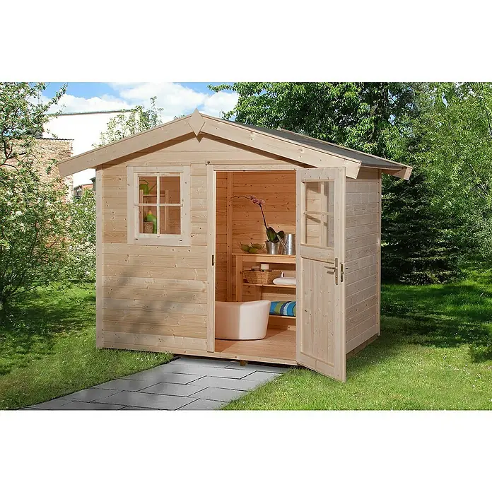 Weka Gartenhaus 123 - B x T: 306 x 239 cm, Holz, 4,941 m², Wandstärke: 28 mm, Natur - Stimmungsaufnahme