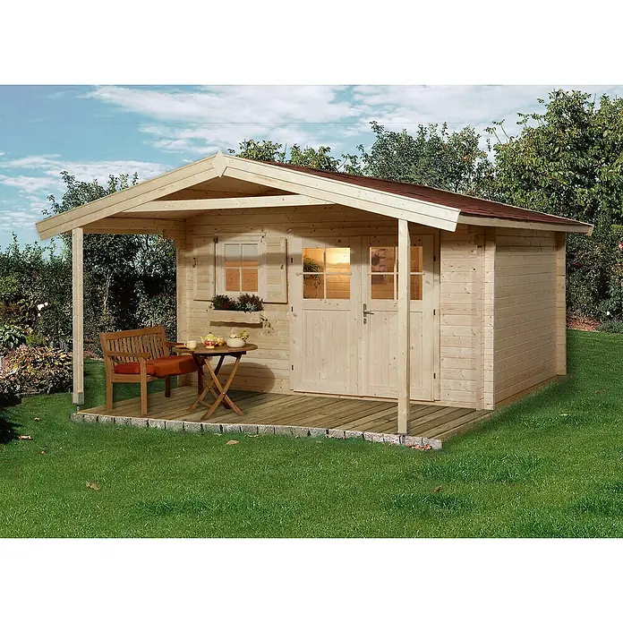 Weka Gartenhaus 136 - B x T: 460 x 594 cm, Holz, Wandstärke: 45 mm, Mit Vordach (200 cm) - Stimmungsaufnahme