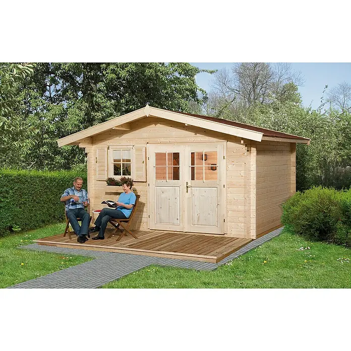 Weka Gartenhaus 136 - B x T: 460 x 374 cm, Holz, Wandstärke: 45 mm, Mit Vordach (60 cm) - Stimmungsaufnahme