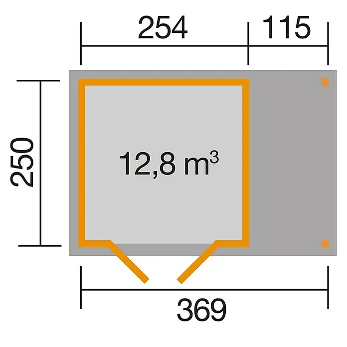 Weka Gartenhaus 321 + Anbau 115 cm - Holz, 9,225 m², Wandstärke: 19 mm - Skizze