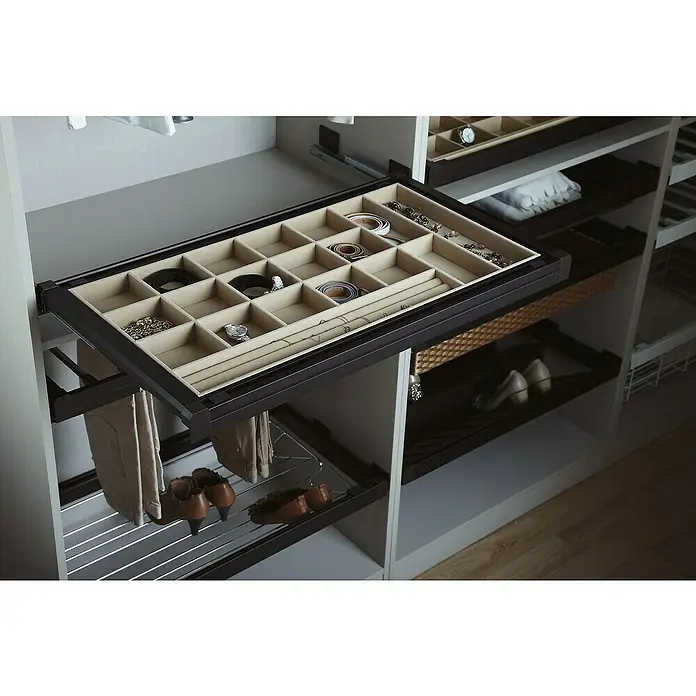 Estante para joyas Moka - L x An x Al: 485 x 664 x 70 mm, Anchura regulable: 664 - 714 mm, Terciopelo - Primer plano