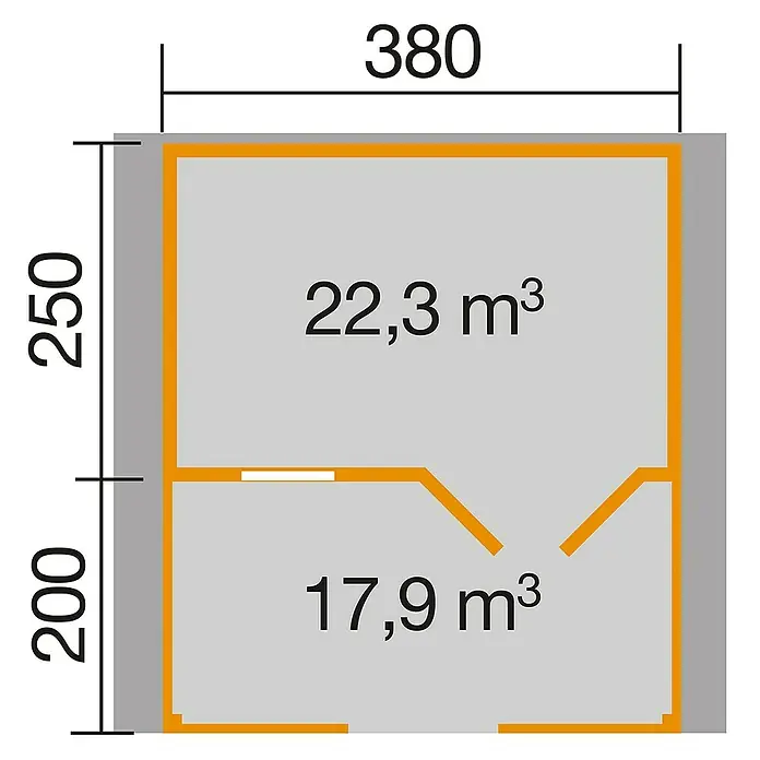 Weka Gartenhaus 111 - B x T: 460 x 464 cm, Holz, Wandstärke: 28 mm, Mit Vordach 2 m & Terrasse - Skizze