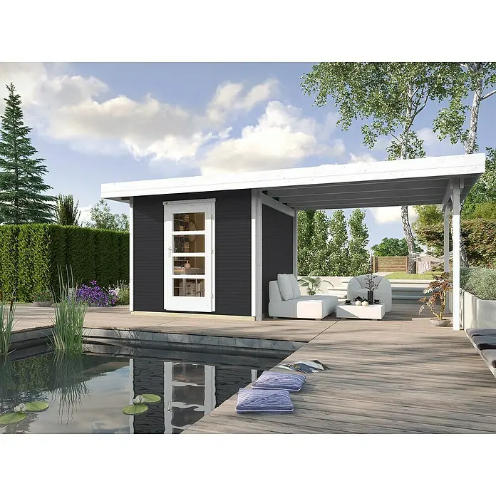 Weka wekaLine Gartenhaus Designhaus 172 + Anbau 300 cm - B x T: 634 x 377 cm, Holz, Wandstärke: 28 mm, Anthrazit/Weiß - Stimmungsaufnahme