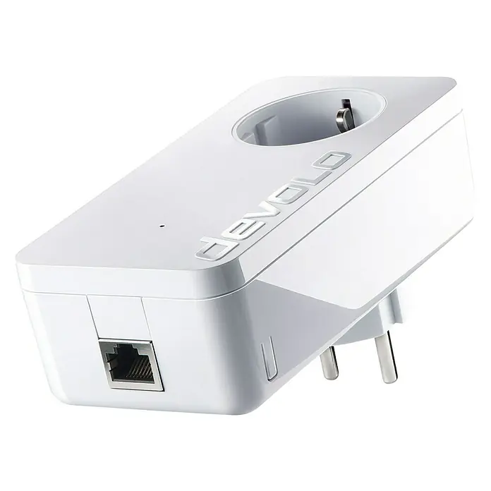 Devolo Netzwerkadapter Erweiterung LAN Komfort Plus - 1 x Schukostecker (Typ F), 1 x RJ45-Buchse, Weiß - Diagonale Ansicht