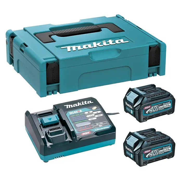 Makita XGT 40 V max. Accu en lader - 40 V, 2 accu's, 2,5 Ah, Passend bij: Makita 40 V max. XGT-serie - Diagonaal zicht