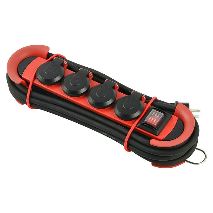 Base de enchufe para estancias con humedad - x 4, 4 m, IP44, Negro/Rojo - Vista descendente