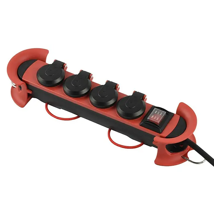 Feuchtraum-Steckdosenleiste - 4-fach, 4 m, IP44, Schwarz/Rot - Diagonale Ansicht