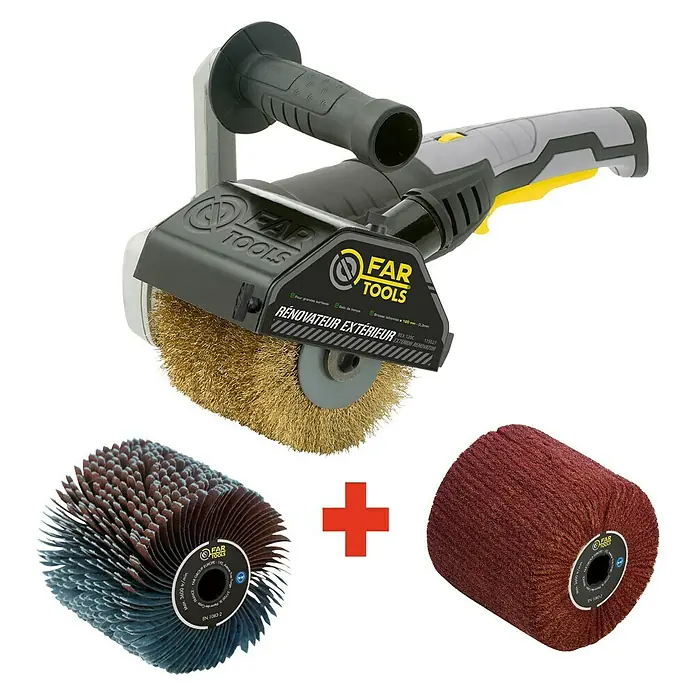 Fartools Multischleifer REX 120C - 1.300 W, Inkl. Messingdraht-, Kunstfaser- & Lamellenbürste (gekrümmtes Holz) - Diagonale Ansicht