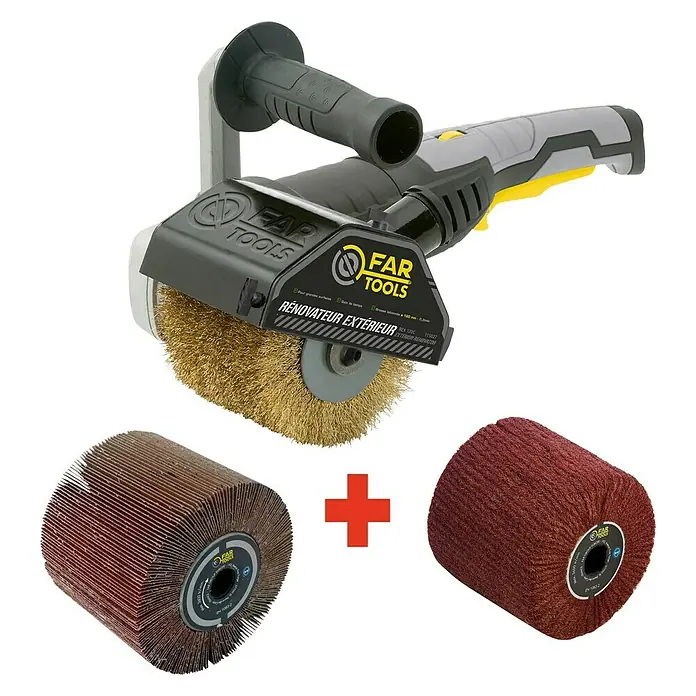 Fartools Multischleifer REX 120C - 1.300 W, Inkl. Messingdraht-, Kunstfaser- & Lamellenbürste (ebenes Holz) - Diagonale Ansicht