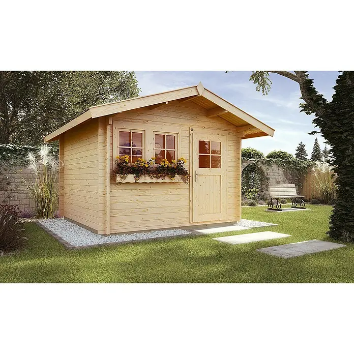 Weka Gartenhaus 139 - B x T: 380 x 324 cm, Holz, Wandstärke: 45 mm, Mit Vordach (60 cm) - Stimmungsaufnahme