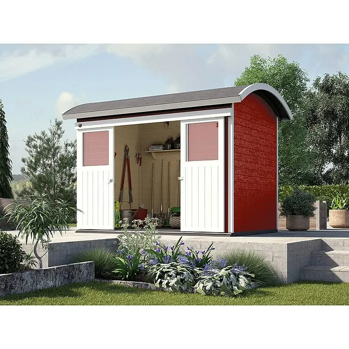 Weka Gerätehaus 228 - B x T: 344 x 241 cm, Holz, 6,343 m², Wandstärke: 21 mm, Schwedenrot/Weiß - Stimmungsaufnahme