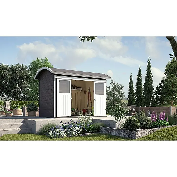 Weka Gerätehaus 228 - B x T: 344 x 241 cm, Holz, 6,165 m², Wandstärke: 21 mm, Anthrazit/Weiß - Stimmungsaufnahme