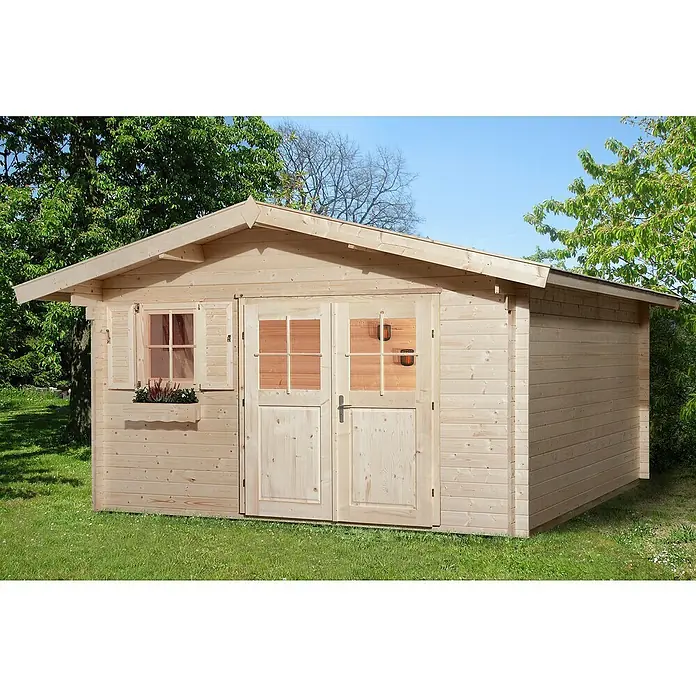 Weka Gartenhaus 111 - B x T: 460 x 324 cm, Holz, Wandstärke: 28 mm, Mit Vordach (60 cm) - Stimmungsaufnahme