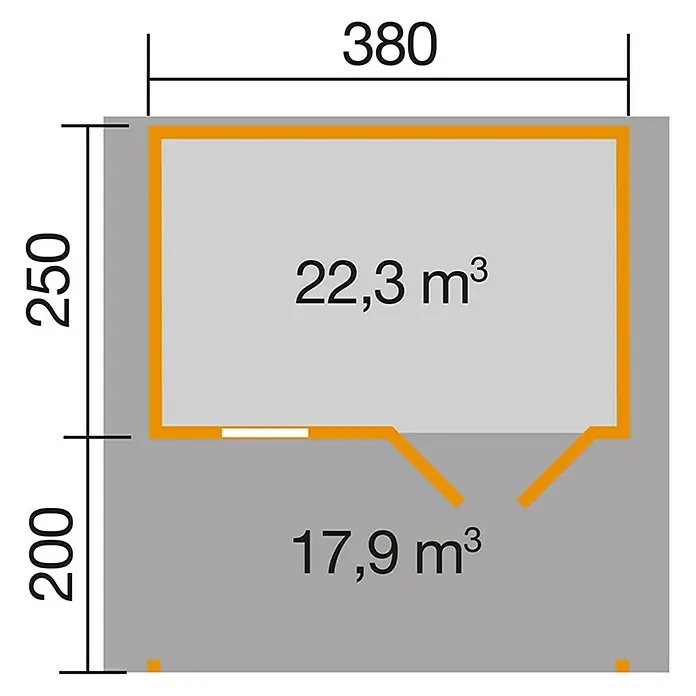 Weka Gartenhaus 111 - B x T: 460 x 464 cm, Holz, Wandstärke: 28 mm, Mit Vordach (200 cm) - Skizze