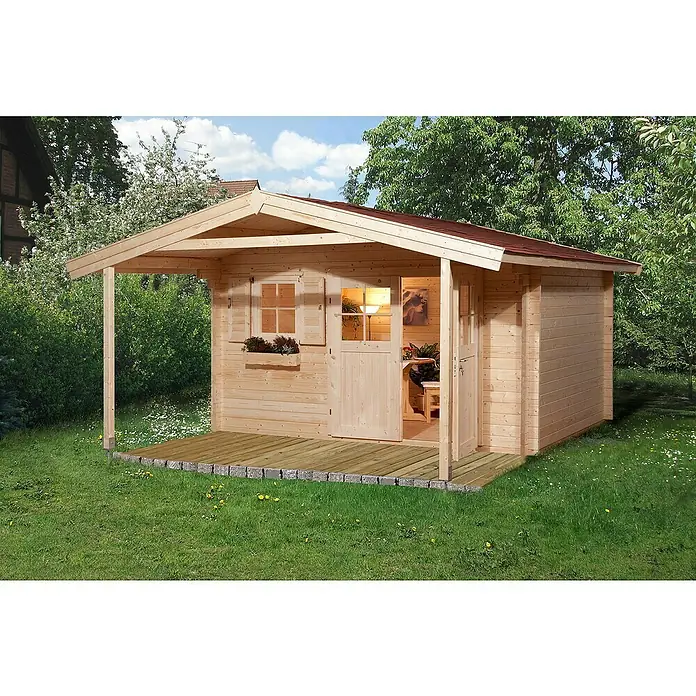 Weka Gartenhaus 111 - B x T: 460 x 464 cm, Holz, Wandstärke: 28 mm, Mit Vordach (200 cm) - Stimmungsaufnahme