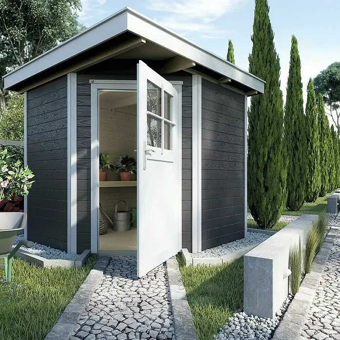 Weka Gartenhaus 229 - B x T: 244 x 244 cm, Holz, 4,285 m², Wandstärke: 21 mm, Anthrazit/Weiß - Stimmungsaufnahme