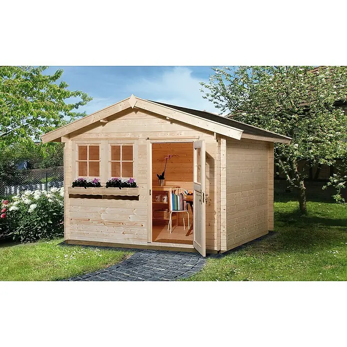 Weka Gartenhaus 139 - B x T: 380 x 334 cm, Holz, Wandstärke: 45 mm, Mit Vordach (20 cm) - Stimmungsaufnahme