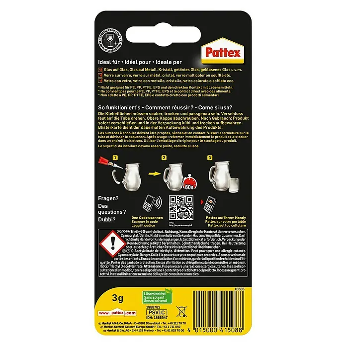 Pattex Sekundenkleber Glas - 3 g, Tube, Flüssig - Rückansicht