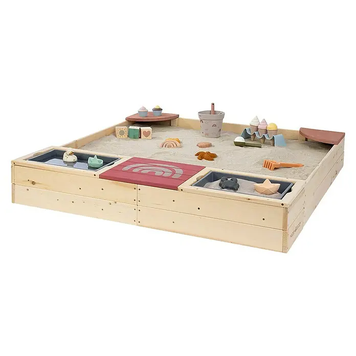 Muddy Buddy Sandkasten Beach Rebel - 135 x 125 x 20 cm, Holz, Rosa/Natur - Diagonale Ansicht