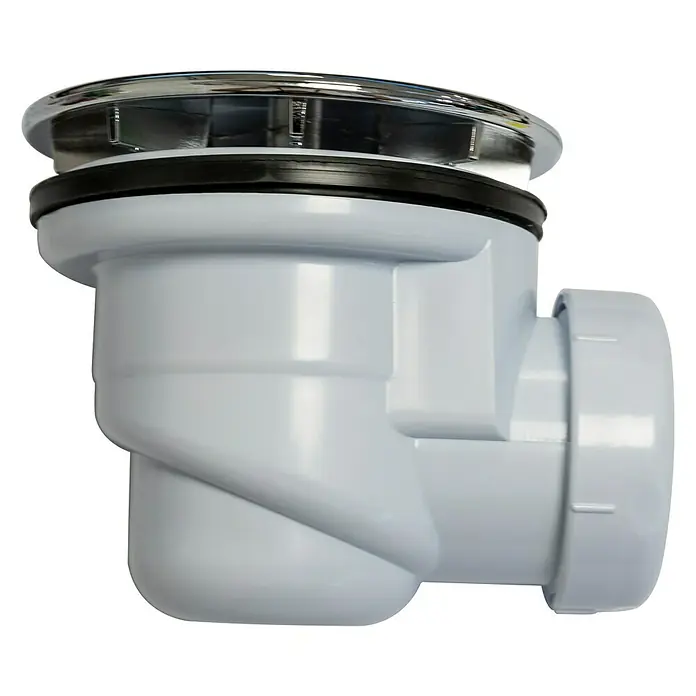 Válvula sifónica para ducha - Diámetro salida: 90 mm, Tapa desagüe, Blanco, Plateado - Vista de perfil derecho