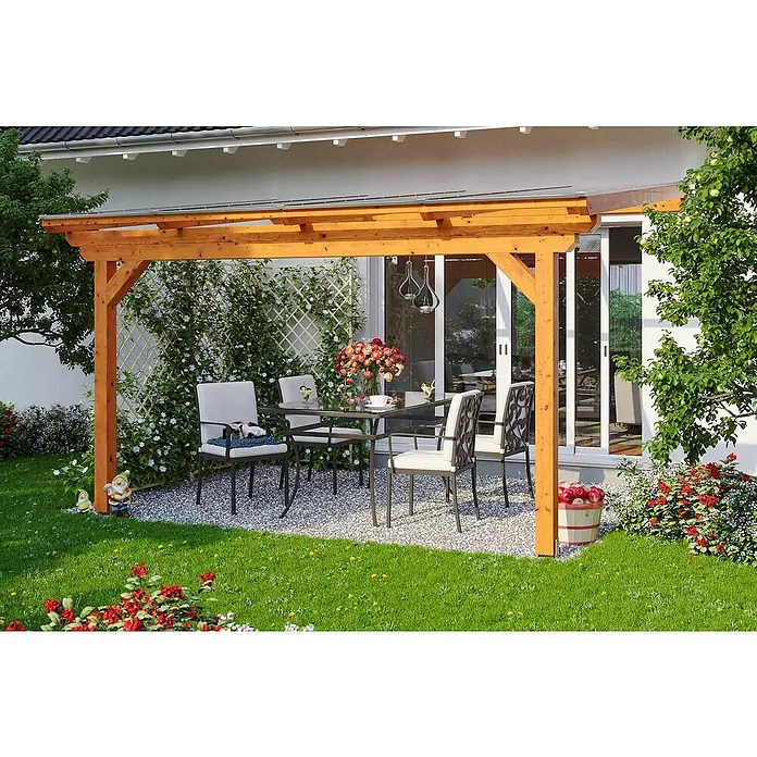 Skan Holz Terrassenüberdachung Ancona - L x T: 434 x 250 cm, Polycarbonat, Eiche Hell - Stimmungsaufnahme