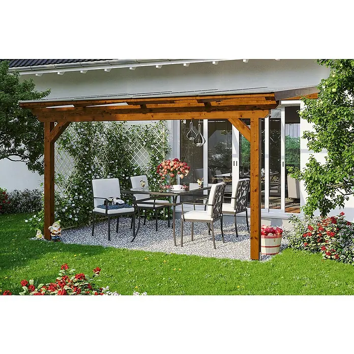 Skan Holz Terrassenüberdachung Ancona - L x T: 434 x 350 cm, Polycarbonat, Nussbaum - Stimmungsaufnahme